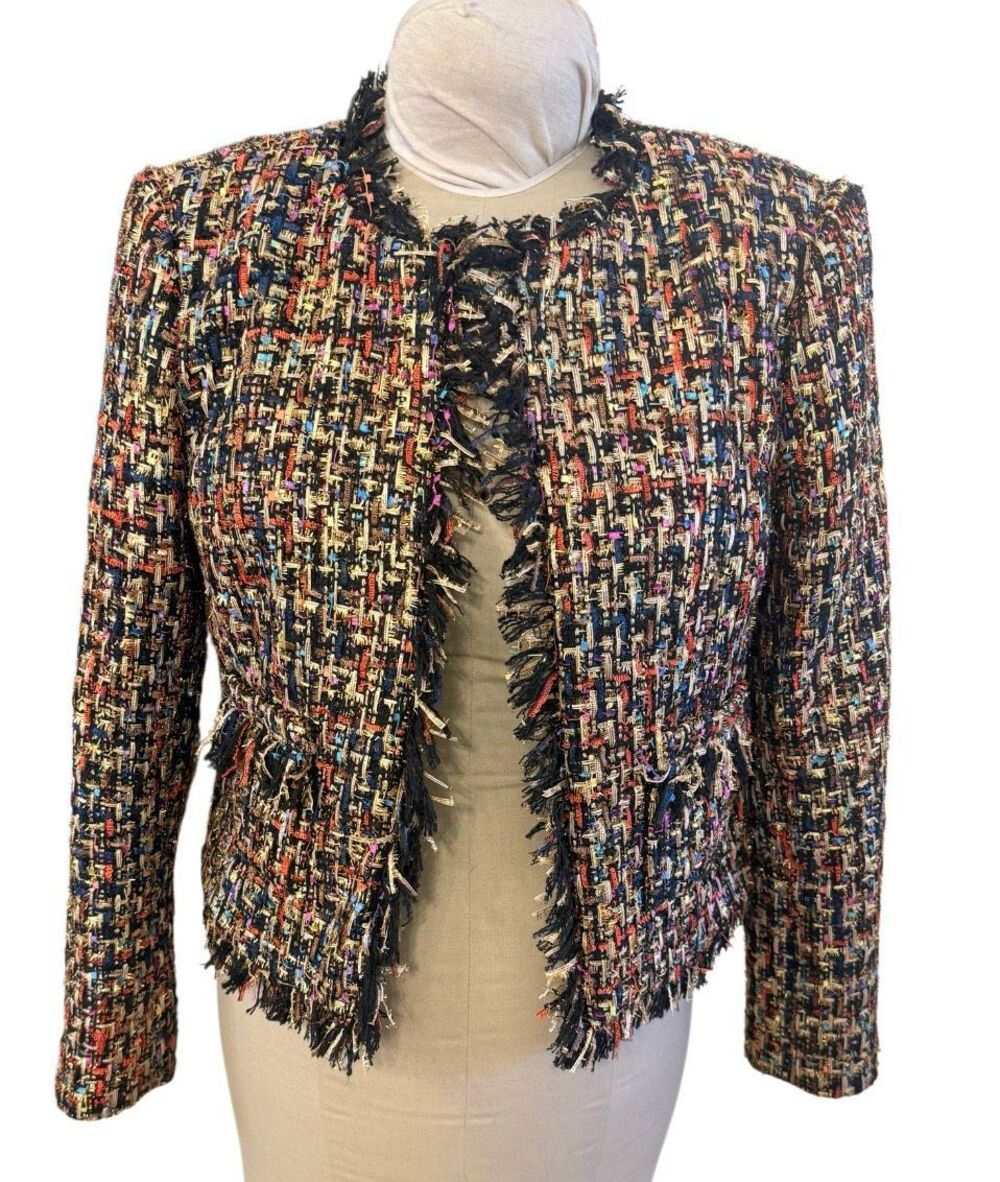 L’Agence Angelina Metallic Tweed Plaid Blazer Sz 3 Medium Elevated Sparkle